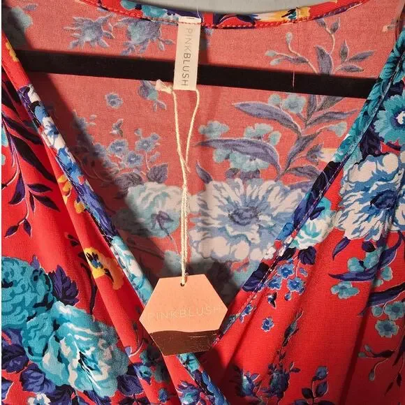 Pink Blush Women's Floral Print Belted Faux Wrap Maxi Dress Red Blue Size 3XL - Picture 3 of 4